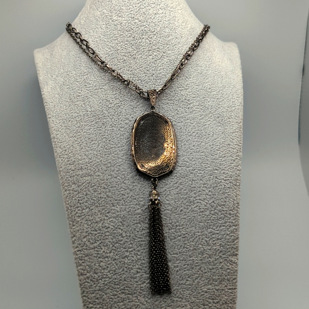 Antiqued Two Chain Necklace with Beautiful Drop Pendant and CZ.